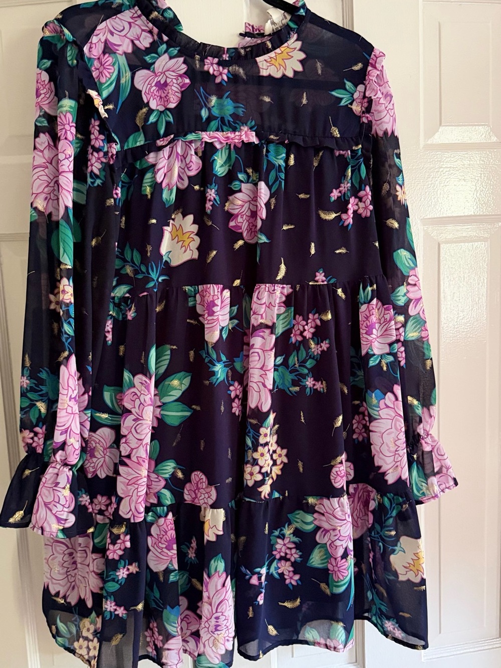 Umgee Black Midi Dress with Pink & Green Floral Print and Gold Flecks
